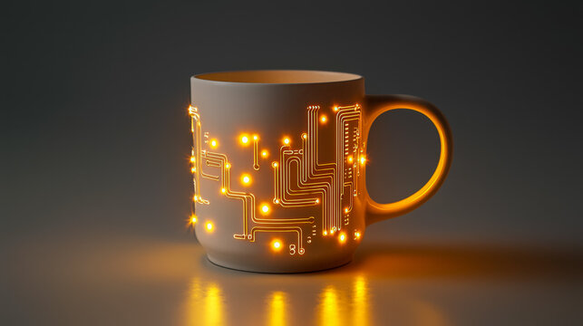 Futuristic illuminated mug with digital circuit design and glowing lights on a dark background