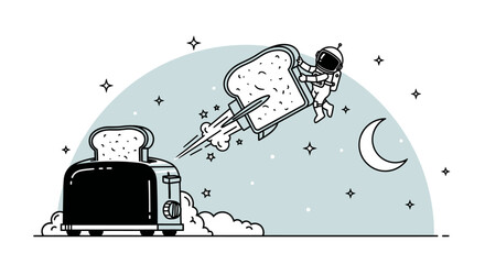 An astronaut piloting a toast rocket ship takes off from a toaster to the moon © hakim
