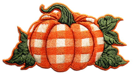 Orange buffalo plaid pumpkin with leaves embroidery applique isolated on transparent background