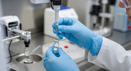 Medical research laboratory scene with scientist handling vaccine vial and precision pipette for development and testing