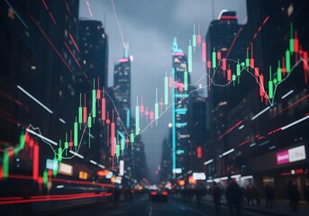 Dynamic cityscape with stock market data visualization, urban financial growth concept for economic trends