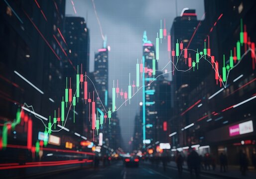 Dynamic cityscape with stock market data visualization, urban financial growth concept for economic trends
