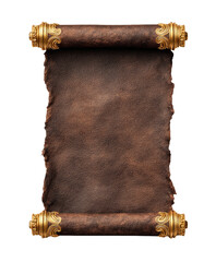Aged parchment scroll, vertically oriented, with ornate gold detailing at the ends