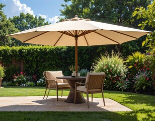 Elegant outdoor patio setup with umbrella in lush green garden setting