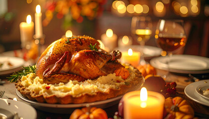 Obraz premium A roasted turkey sits on a table surrounded by candles and a festive dinner.
