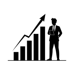 Silhouette of a businessman standing next to a rising bar graph