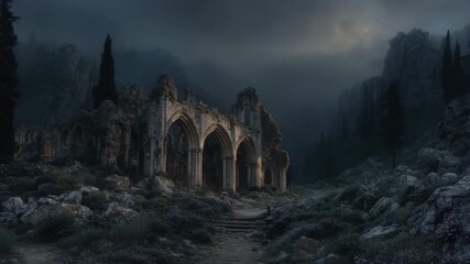 Ancient stone ruins with gothic arches stand in dark, misty mountain landscape under cloudy sky, mysterious path through rocky terrain and tall pine trees in eerie atmosphere
