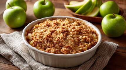 Homemade apple crumble dessert with oat topping in rustic ceramic baking dish. Apple crisp in a rustic baking dish, oat topping, concept of homemade autumn dessert comfort food