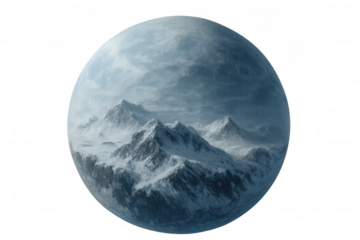 Snowy mountains and frozen plains covering a small planet, isolated on transparent background, perfect for sci-fi or fantasy projects