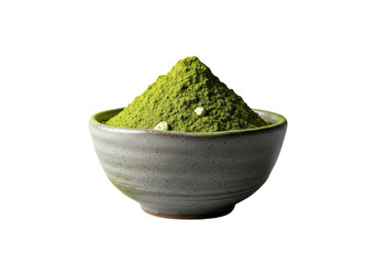 A pile of vibrant green powder in a dark grey bowl, isolated on a transparent background.

