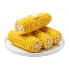 A stack of fresh corn on the cob on a white plate, isolated on a transparent background.