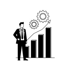Businessman standing next to a bar graph with gears and an upward arrow