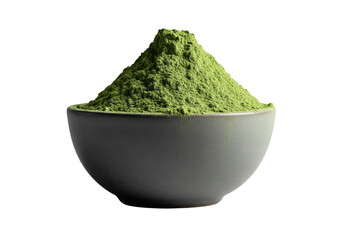 A pile of vibrant green powder in a dark grey bowl, isolated on a transparent background.


