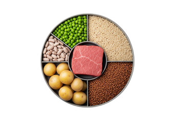 Raw beef steak on a plate with various healthy ingredients, isolated on a transparent background.

