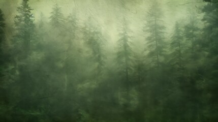 Misty morning forest landscape with trees and mountains
