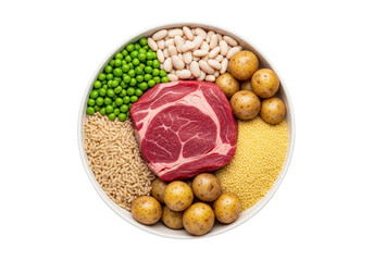Raw beef steak on a plate with various healthy ingredients, isolated on a transparent background.

