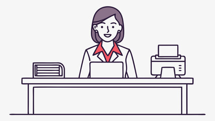 Fototapeta premium Woman entrepreneur at desk with laptop printer document stack vector