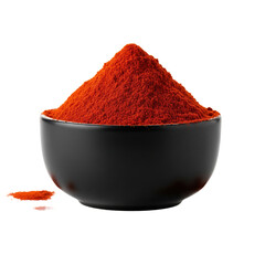 Mound of red chili powder in a bowl, isolated on a transparent background.


