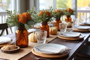 Rustic autumn table setting with amber jars, flowers, and mini pumpkins. concept of seasonal home decor