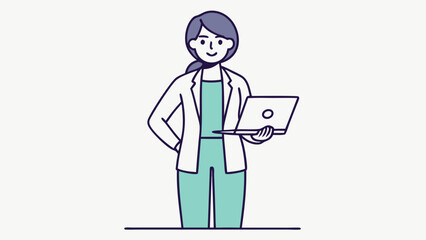 Woman in lab coat holding laptop with one hand hip vector