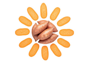 Whole and sliced sweet potatoes arranged in a sun shape, isolated on a transparent background.

