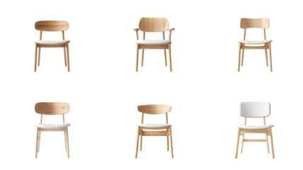 Six light brown wooden chairs,  various seat colors