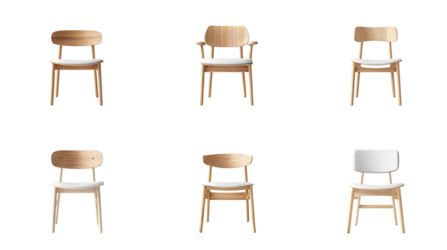 Six light brown wooden chairs,  various seat colors
