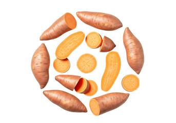 Whole and sliced sweet potatoes arranged in a sun shape, isolated on a transparent background.

