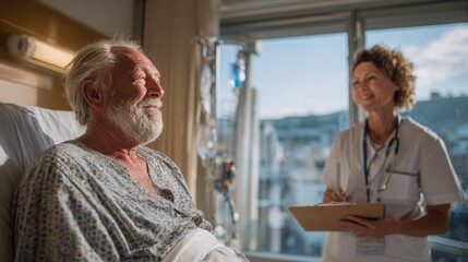 Caring Nurse Interacting with Smiling Elderly Patient in Hospital Room