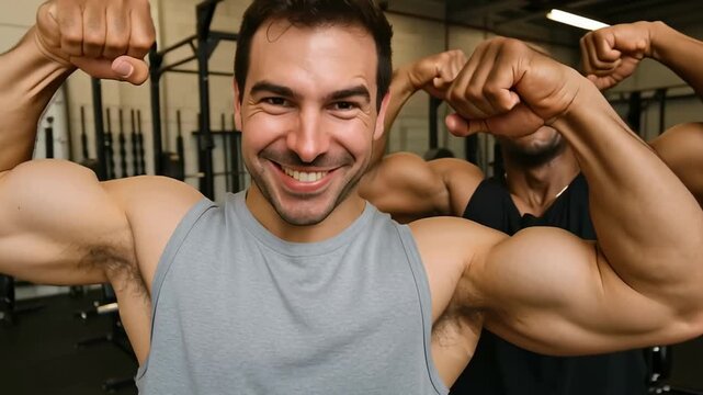Fitness enthusiasts share smiles and workout tips at the gym during a strength training session
