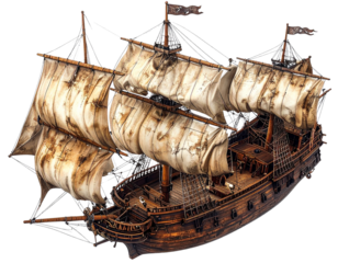 Top-Down Perspective of Vintage Wooden Pirate Ship with Billowing Sails, Isolated