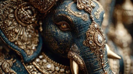 Detailed Close-Up of Elegant Elephant Statue with Golden Accents