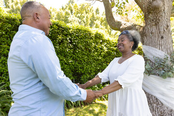 Senior African American couple holding hands and smiling in sunny garden