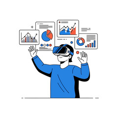 Person using vr headset interacting with data charts