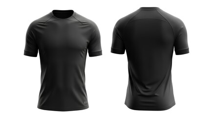 Blank black athletic t-shirt template shown from front and back view. Isolated plain men's sports apparel mockup for design and branding