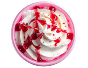 Top-Down View of Soft Serve Ice Cream with Red Syrup in Pink Cup, Isolated