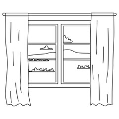 glass window with curtains on a landscape background. Outside the window there are branches of a tree with leaves. Vector illustration