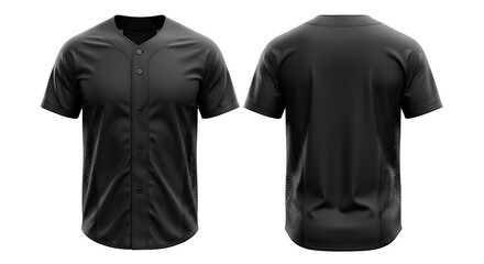Plain black button-up sports jersey with short sleeves, showing isolated front and back views. Ideal for custom team apparel design mockups