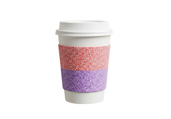 Paper coffee cup with a red and purple textured sleeve, isolated on a transparent background.

