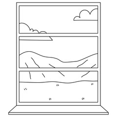 glass window with curtains on a landscape background. Outside the window there are branches of a tree with leaves. Vector illustration