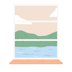 glass window with curtains on a landscape background. Outside the window there are branches of a tree with leaves. Vector illustration