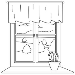 glass window with curtains on a landscape background. Outside the window there are branches of a tree with leaves. Vector illustration