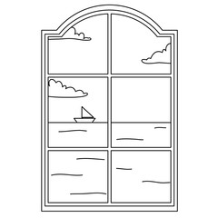 glass window with curtains on a landscape background. Outside the window there are branches of a tree with leaves. Vector illustration