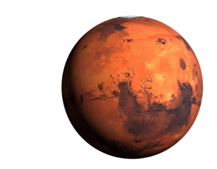 Close-up view of the planet Mars, a rusty-red sphere, against a black background.  Visible surface features are outlined in varying shades of rust-orange and brown.  Sharp, detailed image