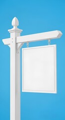 Empty white square sign hanging from a traditional wooden post, isolated on a bright blue background for custom advertising copy