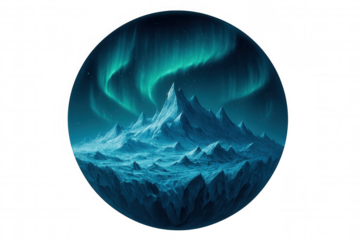 Aurora borealis shining on frozen, snow-capped mountain range landscape inside a glass sphere with transparent background