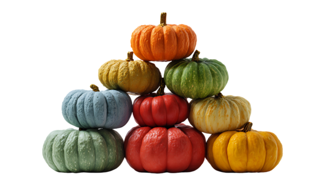 Pyramid of colorful pumpkins isolated on transparent background