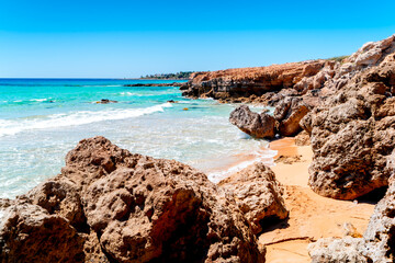 Beautiful region  Cyprus overlooking Wreksi Beach in Paphos, turquoise Mediterranean Sea. The most beautiful beaches Paphos.