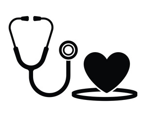Black silhouette of a stethoscope and a heart symbol on a white background representing healthcare and cardiology