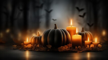 Halloween background with black pumpkins, glowing candles, eerie forest, and flying bats. Perfect spooky design for seasonal events, posters, or decor